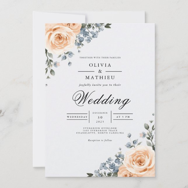 Blush & Blue Botanical Arch Wedding Invitation (Front)