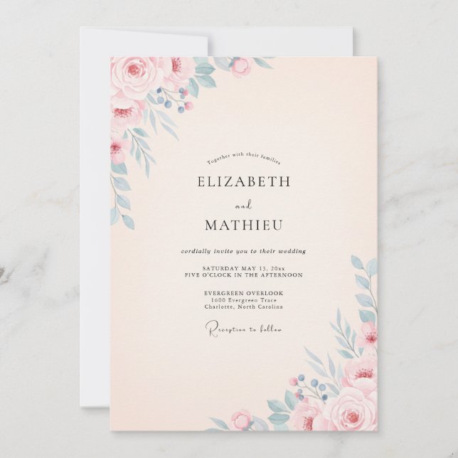 Blush Blue Botanical Watercolor Wedding Invitation (Front)