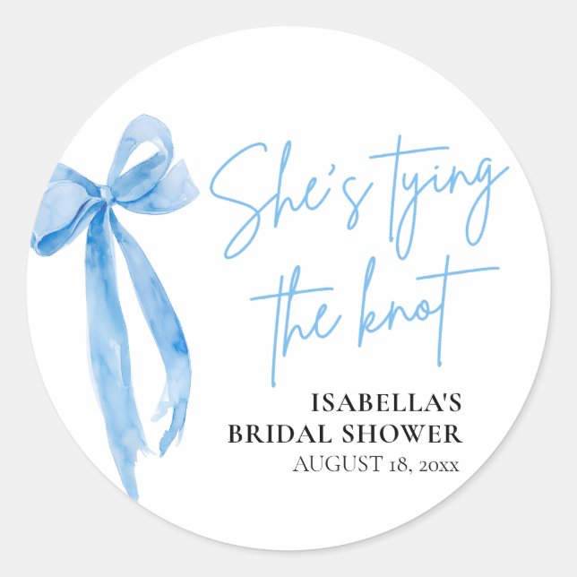 Blush Blue Bow She's Tying the Knot Bridal Shower Classic Round Sticker (Front)
