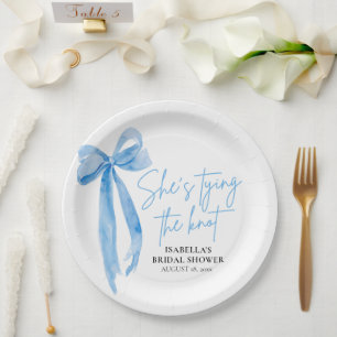 Blush Blue Bow She's Tying the Knot Bridal Shower Paper Plate