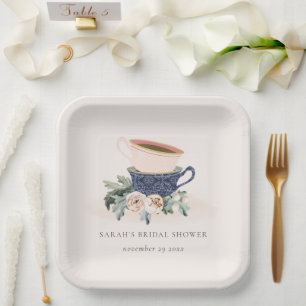 Blush Blue Cups Floral Bridal Shower Tea Party Paper Plate