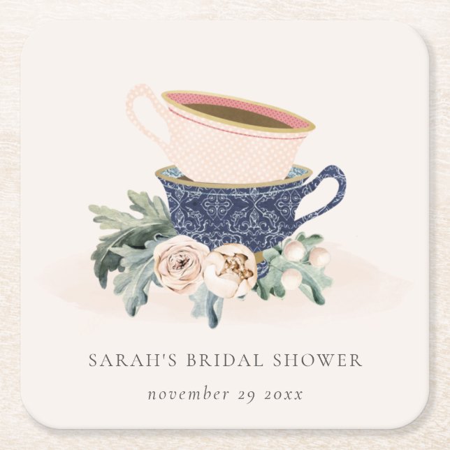 Blush Blue Cups Floral Bridal Shower Tea Party Square Paper Coaster (Front)