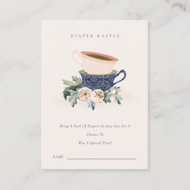 Blush Blue Cups Floral Diaper Raffle Baby Shower Enclosure Card (Front)