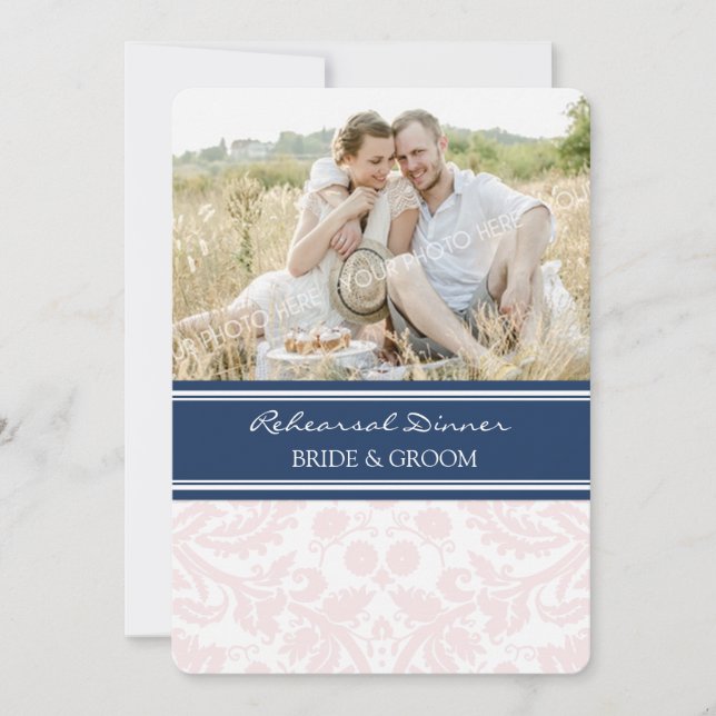Blush Blue Damask Photo Rehearsal Dinner Party Invitation (Front)