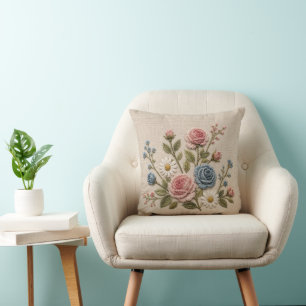 Blush & Blue Embroidered Roses Cushion