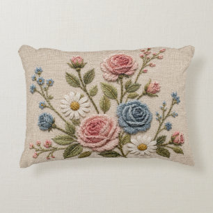 Blush & Blue Embroidered Roses Decorative Cushion