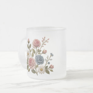 Blush & Blue Embroidered Roses Frosted Glass Coffee Mug