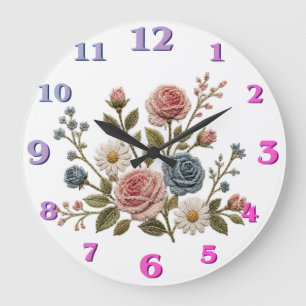 Blush & Blue Embroidered Roses Large Clock