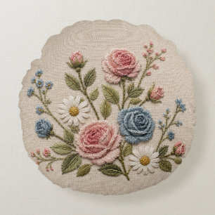 Blush & Blue Embroidered Roses Round Cushion