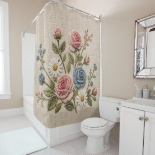 Blush & Blue Embroidered Roses Shower Curtain
