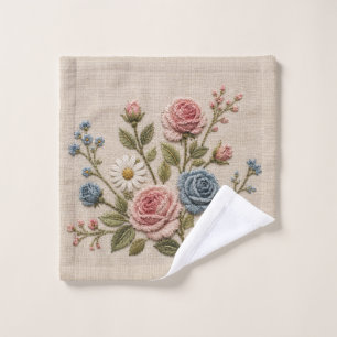 Blush & Blue Embroidered Roses Wash Cloth