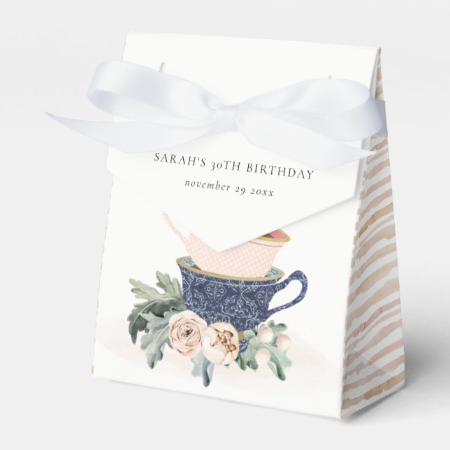 Blush Blue Flora Stacked Tea Cups Any Age Birthday Favour Box (Front Side)