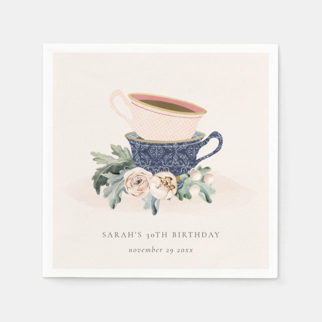 Blush Blue Flora Stacked Tea Cups Any Age Birthday Napkin (Front)