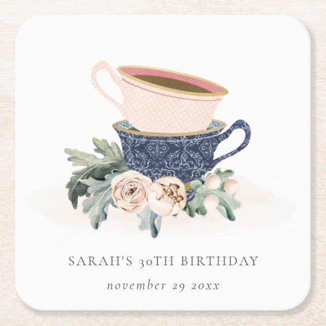 Blush Blue Flora Stacked Tea Cups Any Age Birthday Square Paper Coaster (Front)