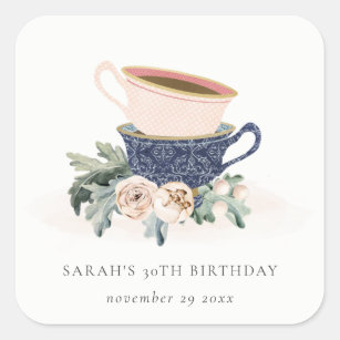 Blush Blue Flora Stacked Tea Cups Any Age Birthday Square Sticker