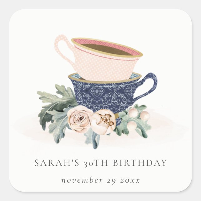 Blush Blue Flora Stacked Tea Cups Any Age Birthday Square Sticker (Front)