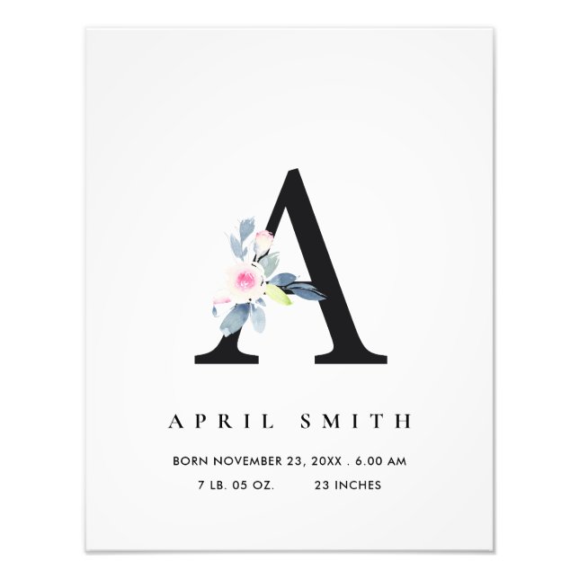 BLUSH BLUE FLORAL ALPHABET NAME A BABY BIRTH STATS PHOTO PRINT (Front)