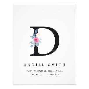 BLUSH BLUE FLORAL ALPHABET NAME D BABY BIRTH STATS PHOTO PRINT
