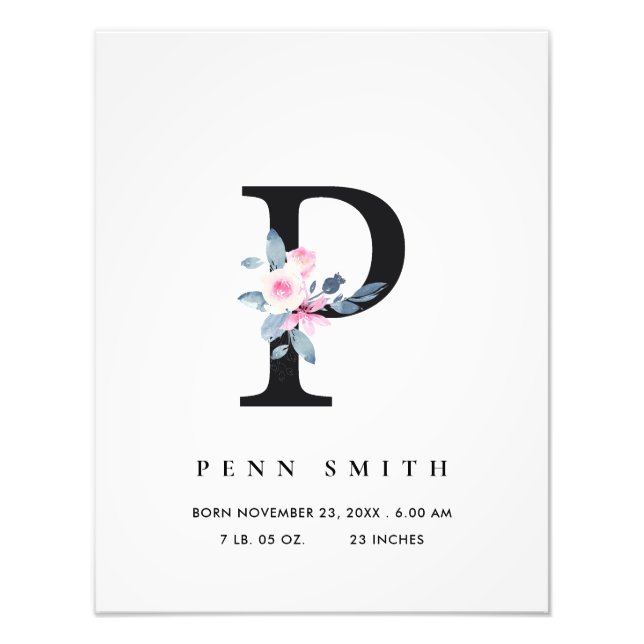 BLUSH BLUE FLORAL ALPHABET NAME P BABY BIRTH STATS PHOTO PRINT (Front)