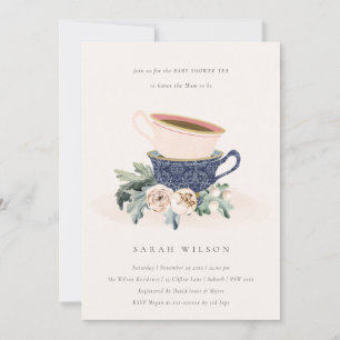 Blush Blue Floral Baby Shower Tea Party Invite