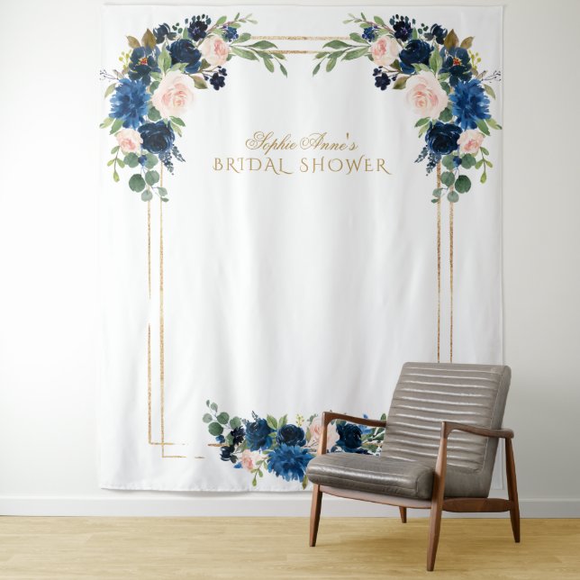 Blush Blue Floral Gold Bridal Shower Photo Booth Tapestry (In Situ)