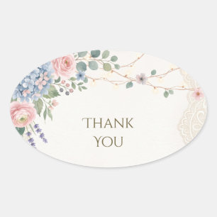 Blush Blue Floral Lace Wedding Thank You Oval Sticker