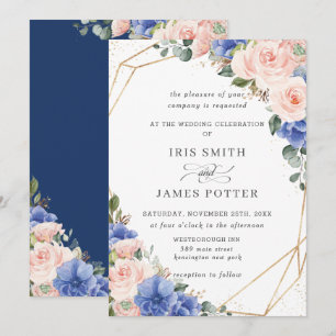 Blush & Blue Floral Roses Gold Geometric Wedding  Invitation