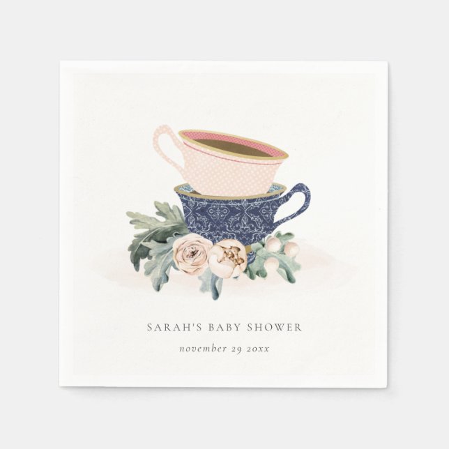 Blush Blue Floral Stacked Tea Cups Baby Shower Napkin (Front)