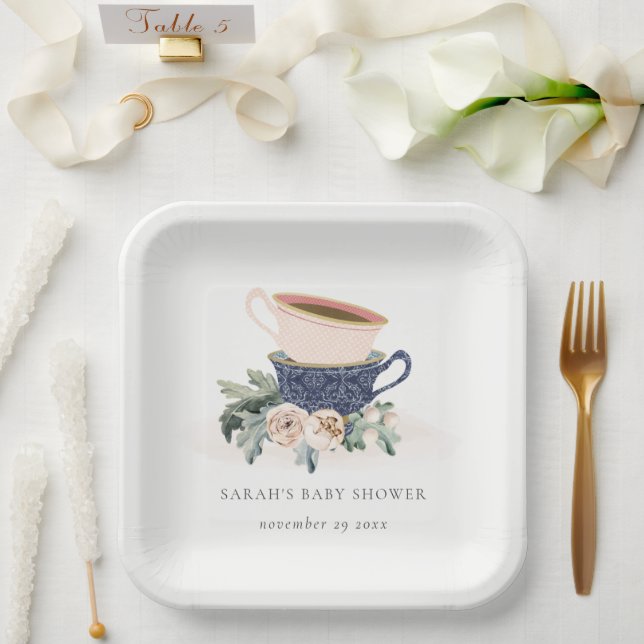 Blush Blue Floral Stacked Tea Cups Baby Shower Paper Plate (Wedding)