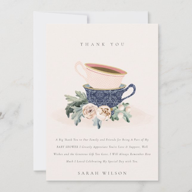 Blush Blue Floral Stacked Tea Cups Baby Shower Thank You Card (Front)