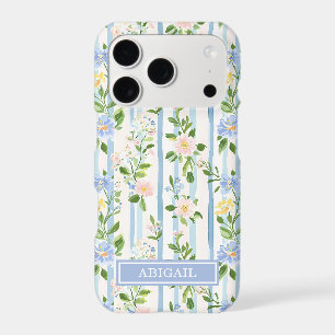 Blush Blue Floral Watercolor Striped Personalised