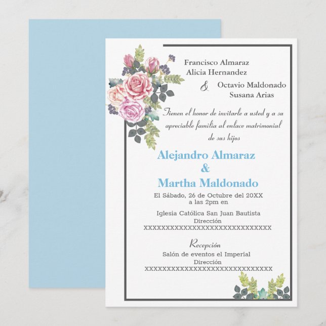 Blush Blue Floral wedding Invitation (Front/Back)