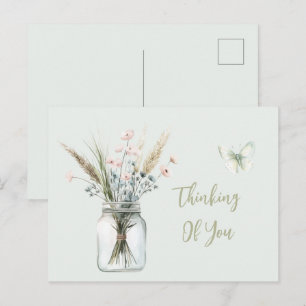Blush Blue Flowers Jar Butterfly Thinking of You Postcard
