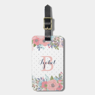 Blush & Blue Flowers Polka Dot Monogram Luggage Tag
