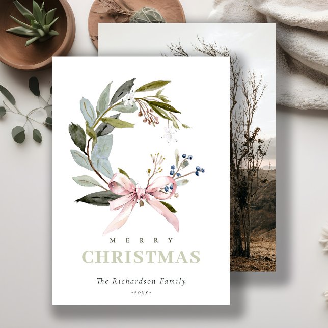 Blush Blue Green Winter Christmas Wreath Photo Holiday Card (Creator Uploaded)
