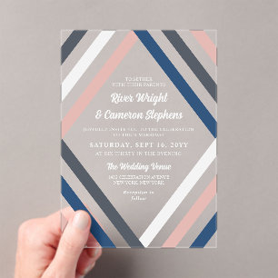Blush Blue Grey Diamond Stripes Modern Wedding Acrylic Invitations