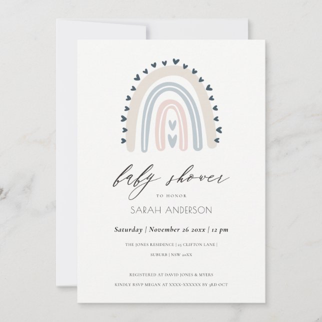 BLUSH BLUE HEART RAINBOW BABY SHOWER INVITE (Front)