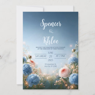 Blush Blue Meadow Border Wedding Invitation