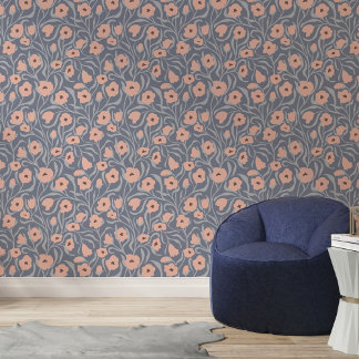 Blush & Blue Modern Floral Vines Pattern Wallpaper