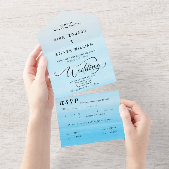 Blush blue ocean wedding  all in one invitation (Tearaway)