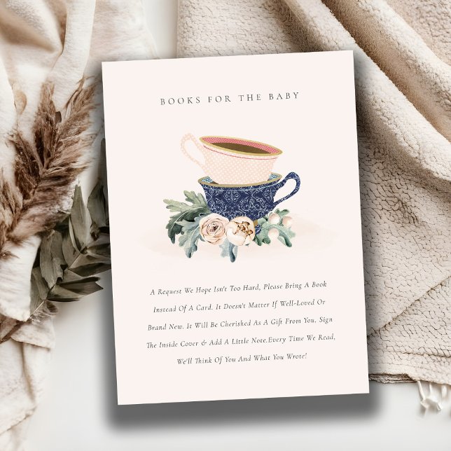 Blush Blue Tea Cups Floral Books For Baby Shower Enclosure Card (Creator Uploaded)