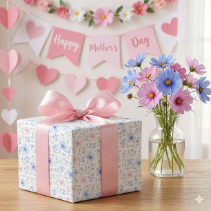 Blush Blue Watercolor Floral Blooms Wrapping Paper