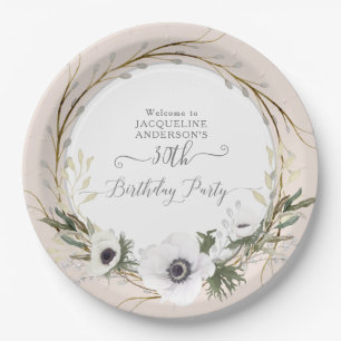 Blush BOHO Anemone Floral Wreath Birthday Party Paper Plate
