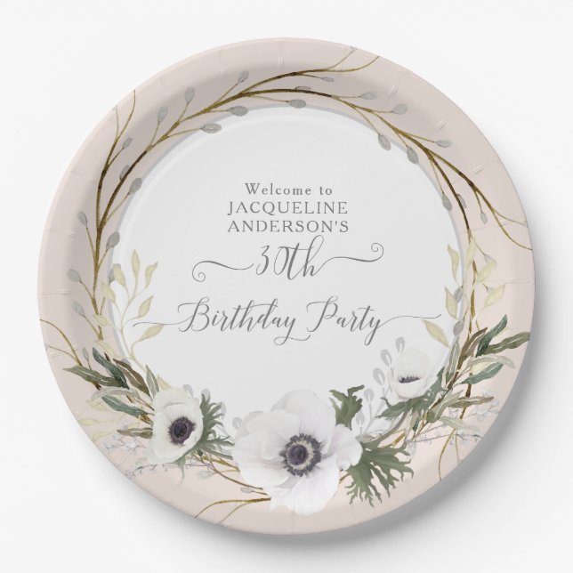 Blush BOHO Anemone Floral Wreath Birthday Party Paper Plate (Front)