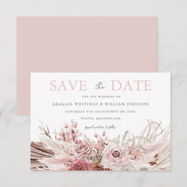 Blush Boho Bohemian Floral Wedding Save The Date (Front/Back)