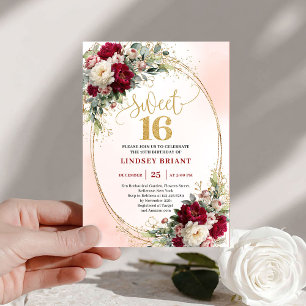Blush Boho Burgundy Gold Floral Sweet Sixteen Invitation