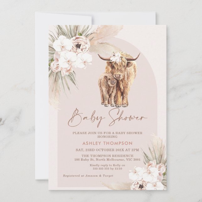 Blush Boho Floral Arch Highland Cow Baby Shower Invitation (Front)