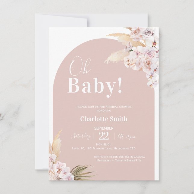 Blush Boho Floral Arch Pampas Baby Shower Invitation (Front)