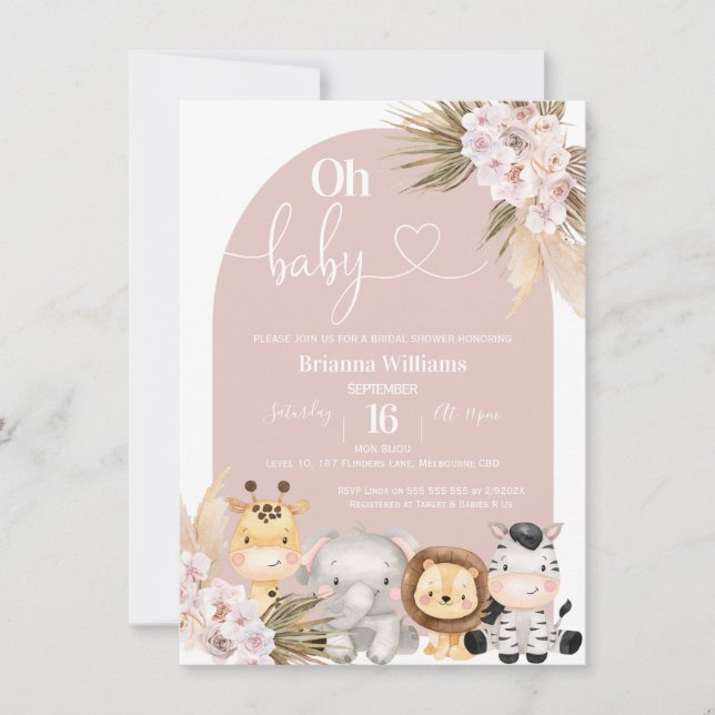 Blush Boho Floral Arch Safari baby Shower Invitation (Front)