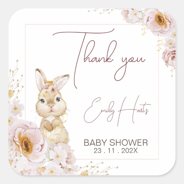 Blush Boho Floral Bunny Baby Shower Thank You  Square Sticker (Front)